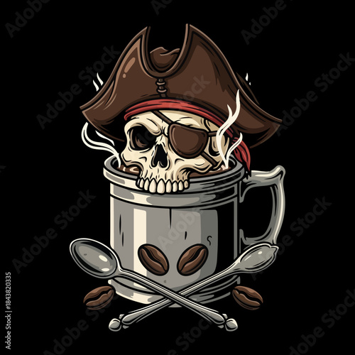 Pirate skull in coffee mug with coffee beans and spoons, dark themed beverage illustration