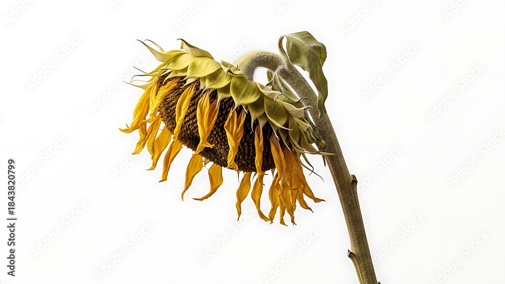 Obraz premium Wilting sunflower with dried petals and bowed head, against white, depicting nature's quiet decline