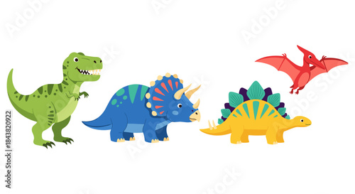 Colorful cartoon dinosaurs: t-rex, triceratops, stegosaurus, pterodactyl in flat design