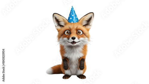 Cute Red Fox Cub Wearing Blue Polka Dot Party Hat isolated PNG with Transparent Background
