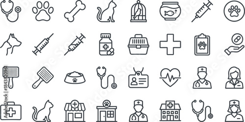Collection of veterinary and pet care line icons representing animal health services and medical supplies
