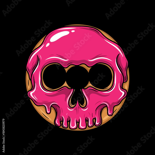 Creepy pink glazed donut skull illustration with dripping icing, edgy sweet treat design