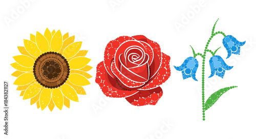 Colorful mosaic flowers: sunflower, rose, and bluebell in vibrant patterns
