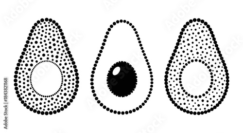 Minimalist dotted avocado design set featuring seed and cut halves