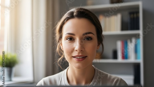 Free Download A close-up shot of a focused, attractive woman in front of a bookcase and houseplant. She is looking directly at the camera with a gentle smile - GFXLoad