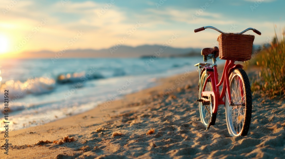 Fototapeta premium A classic bicycle rests against the sandy shore as the sun sets, capturing a moment of tranquility, nostalgia, and the beauty of outdoor adventures by the beach.