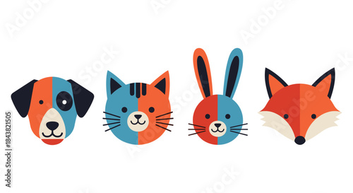 Colorful animal faces: dog, cat, rabbit, fox in geometric flat design