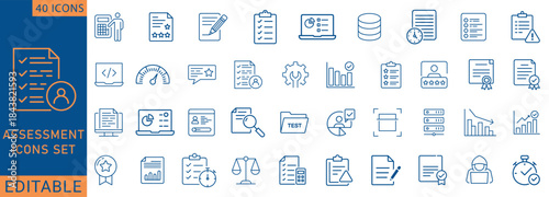 Assessment icon set. Containing Audit, analysis, plan, evaluation, result, goal and more. Outline Icon Collection. Vector illustration.