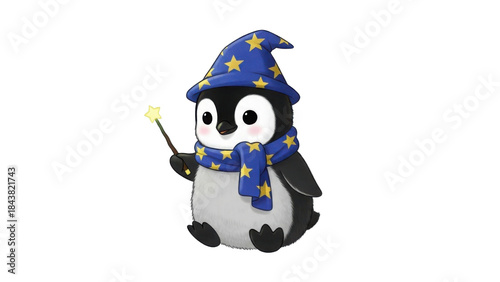 Cute baby penguin wizard illustration wearing a star-patterned hat and holding a magic wand isolated PNG with Transparent Background