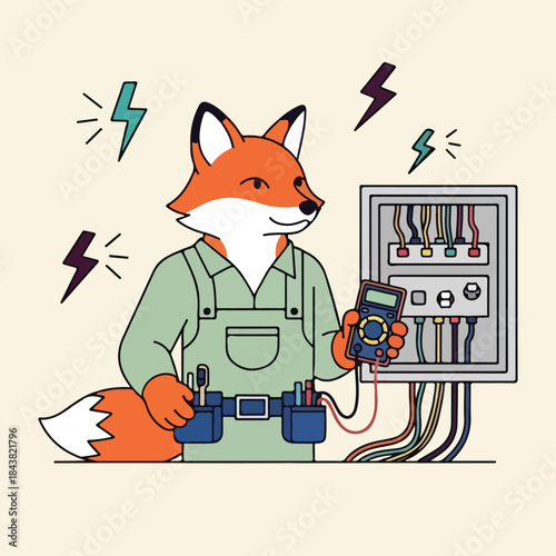Cartoon fox electrician character in overalls holding a multimeter near an open electrical panel with wires and lightning bolts, professional technician illustration
