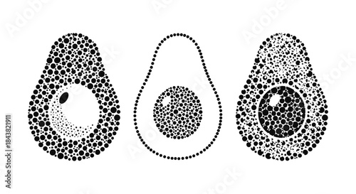 Dotted avocado trio: unique dot art of fruit halves in black and white