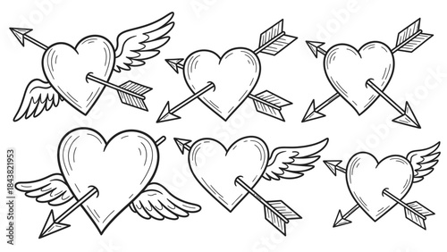 Set of red vector hearts in a romantic hand drawn style for Valentine's Day celebration cards and wedding decoration patterns on a white background