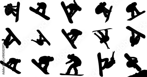 Dynamic Snowboarding Action Silhouettes in Black and White