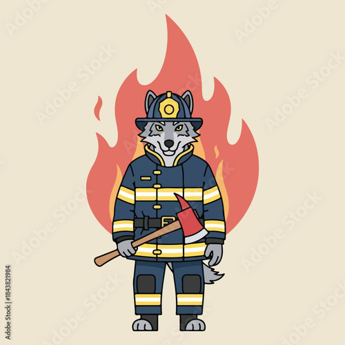Cartoon anthropomorphic wolf character dressed as a firefighter holding an axe with a large flame in the background, vector illustration