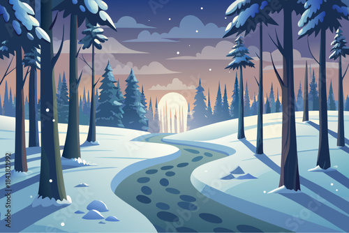 Snowy forest path at sunset with deep footprints in the snow and tall pine trees under a twilight sky