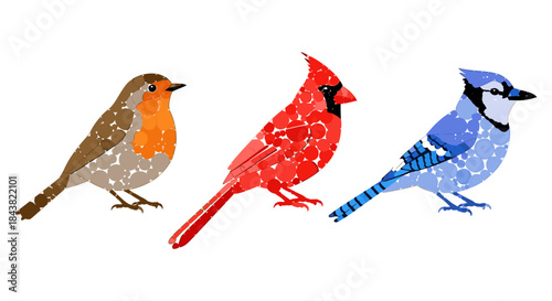 Colorful mosaic birds: robin, cardinal, and blue jay in geometric design