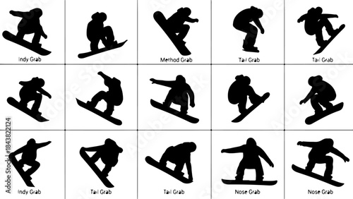 Dynamic Snowboarding Action Silhouettes in Black and White