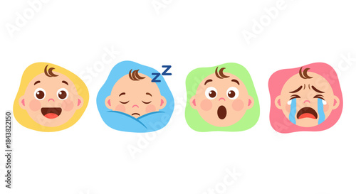 Adorable baby faces expressing various emotions in colorful frames