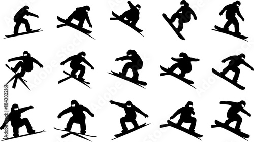 Dynamic Snowboarding Action Silhouettes in Black and White
