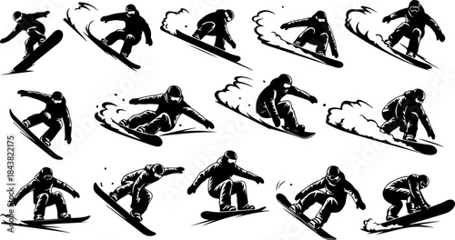 Dynamic Snowboarding Action Silhouettes in Black and White