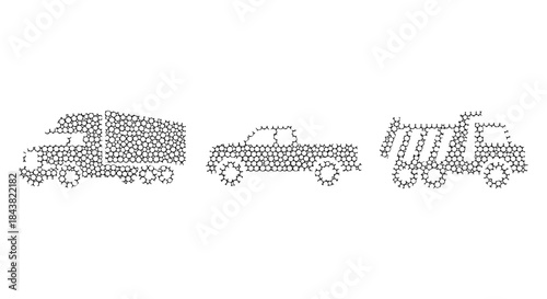 Geometric vehicles composed of hexagons: truck, pickup, and construction machinery