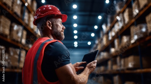 A focused warehouse worker wearing a red hard hat and safety vest, checking inventory on a tablet, set in an organized storage environment with shelves full of boxes.