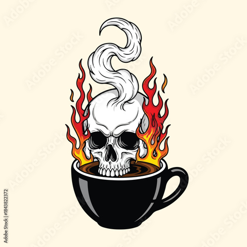 Skull Rising from Flaming Coffee Cup – Dark Coffee Illustration with Gothic Aesthetic