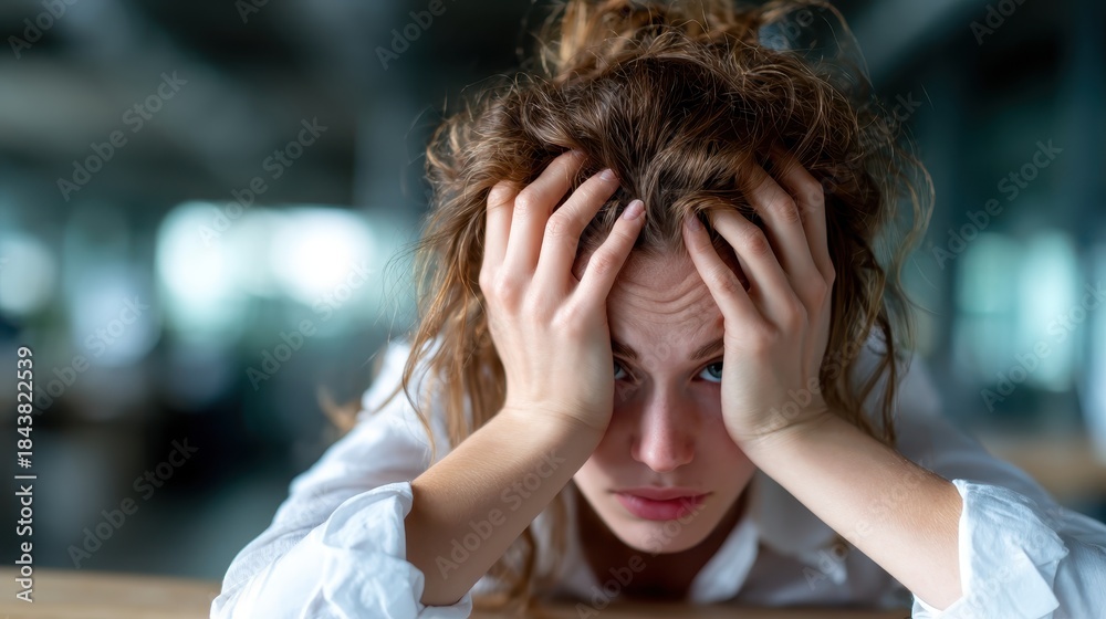Fototapeta premium A young woman with tousled hair displays a sense of stress and frustration in a contemporary office space, highlighting emotional struggles related to work-life balance and mental health.
