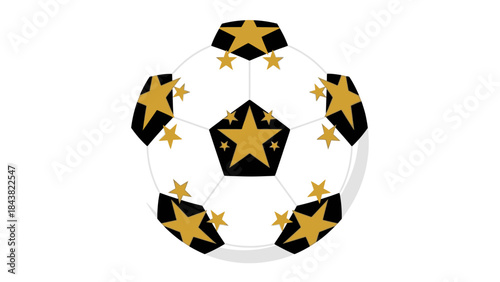 A white soccer ball with black pentagons featuring large golden stars and white hexagons with smaller golden stars, on a white background.