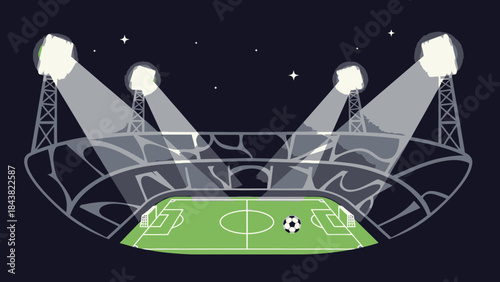 A soccer stadium at night with bright floodlights illuminating the green field and a soccer ball.