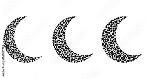 Crescent moon composed of various sized dots in minimalist black design