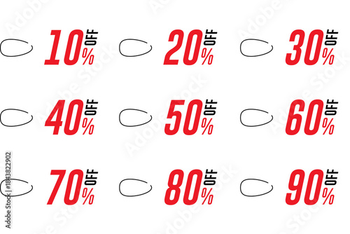 Promotion hold tag. Special offer discount on red tags shapes with different value percent off 90, 80, 70, 60, 50, 40, 30, 20, and 10%.	