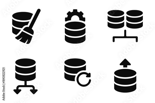 Database icon set: management, synchronization, and storage solutions