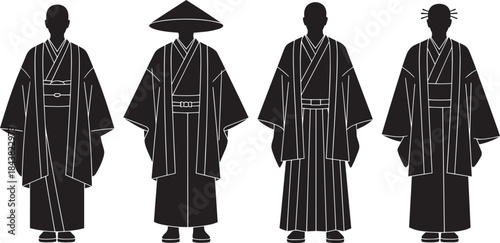 Traditional Asian Historical Clothing Silhouette Collection of Ancient Japanese and Chinese Costumes Vector Set