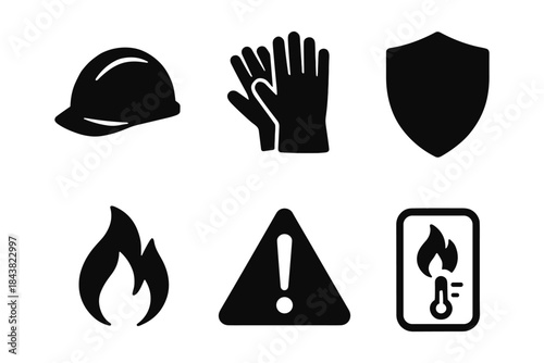 Safety equipment icons: hard hat, gloves, shield, fire, warning, temperature