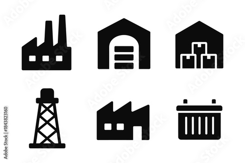 Industrial icons collection: factories, warehouses, and oil rigs in bold silhouette style