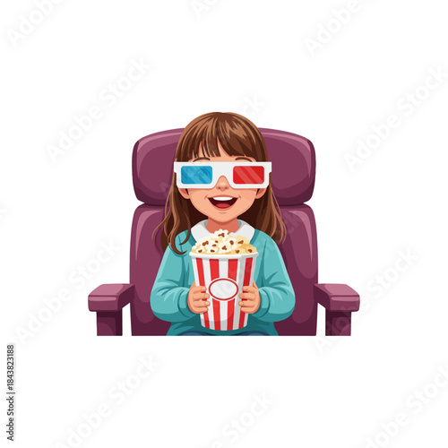 Young girl wearing 3D glasses enjoying popcorn at cinema.