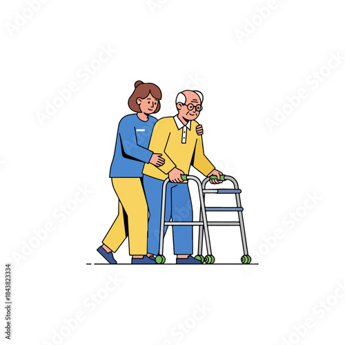 Elderly Woman Using Walker Assisted by Caregiver.