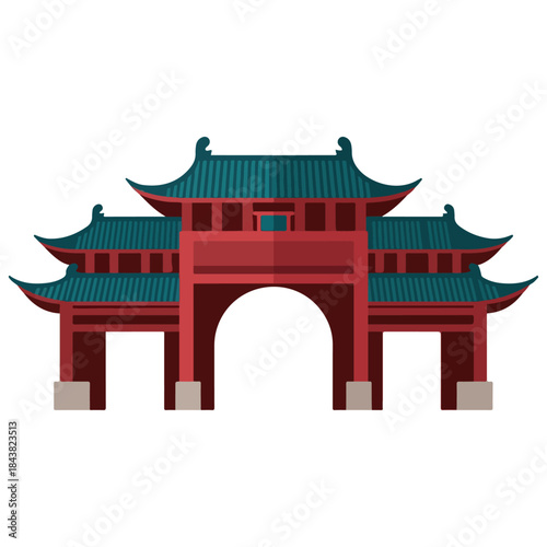 Traditional Chinese Gate with Red Pillars and Teal Roofs.