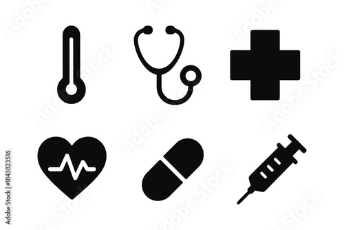 Black medical icons set: thermometer, stethoscope, cross, heartbeat, pill, syringe