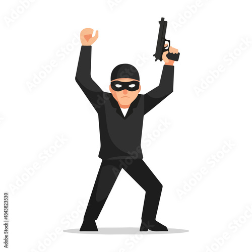 Cartoon burglar thief with handgun in black outfit.
