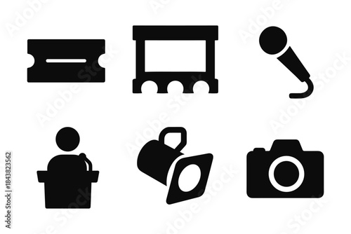 Minimalist black icons: razor, stage, microphone, podium, spotlight, camera