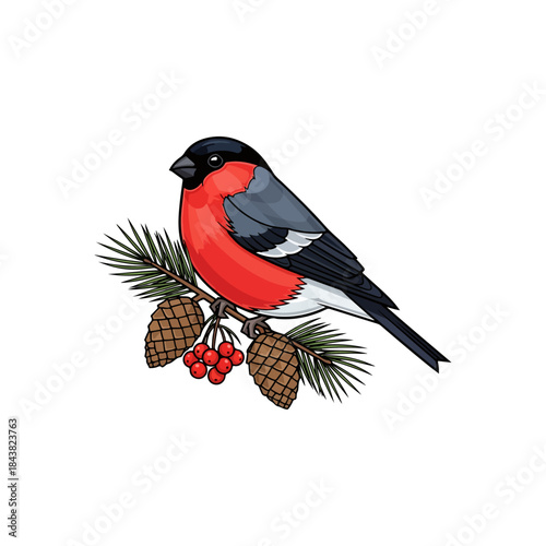 Red bullfinch perched on pine cones.