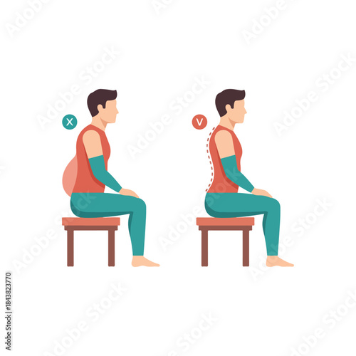 Side by side posture comparison showing correct and incorrect sitting.