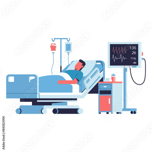 Patient in hospital bed receiving IV therapy and continuous monitoring.