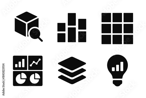 Set of data analysis icons featuring charts and creative symbols