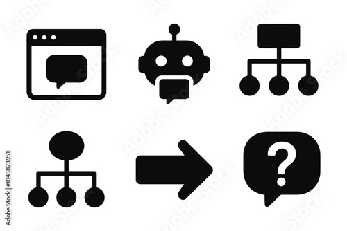 Minimalist icon set: chatbot, hierarchy, arrow, and faq symbols in black and white