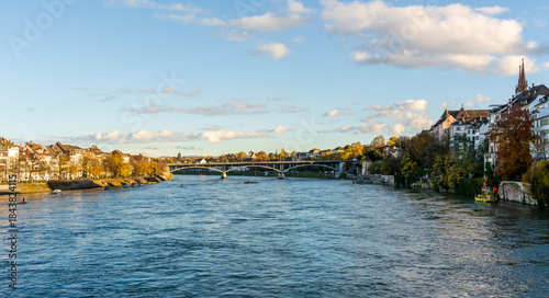 Фотография Rhine river bank and Wettsteinbruecke bridge at sunset