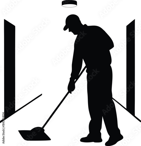 Dedicated Man Sweeping Floor with Push Broom in Hallway Silhouette Graphic