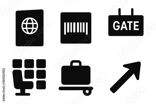 Travel icons set: passport, barcode, gate sign, seat, luggage, arrow
